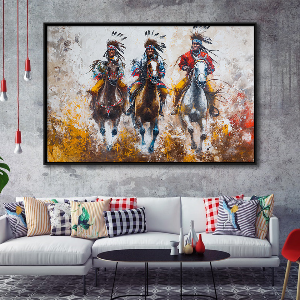 Native American African Man Riding Horses Oil Painting, Framed Canvas Print Wall Art Decor, Floating Frame Painting Canvas