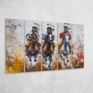 Native American African Man Riding Horses Oil Painting, Mixed 5 Panel B Canvas Print Wall Art Decor, Extra Large Canvas