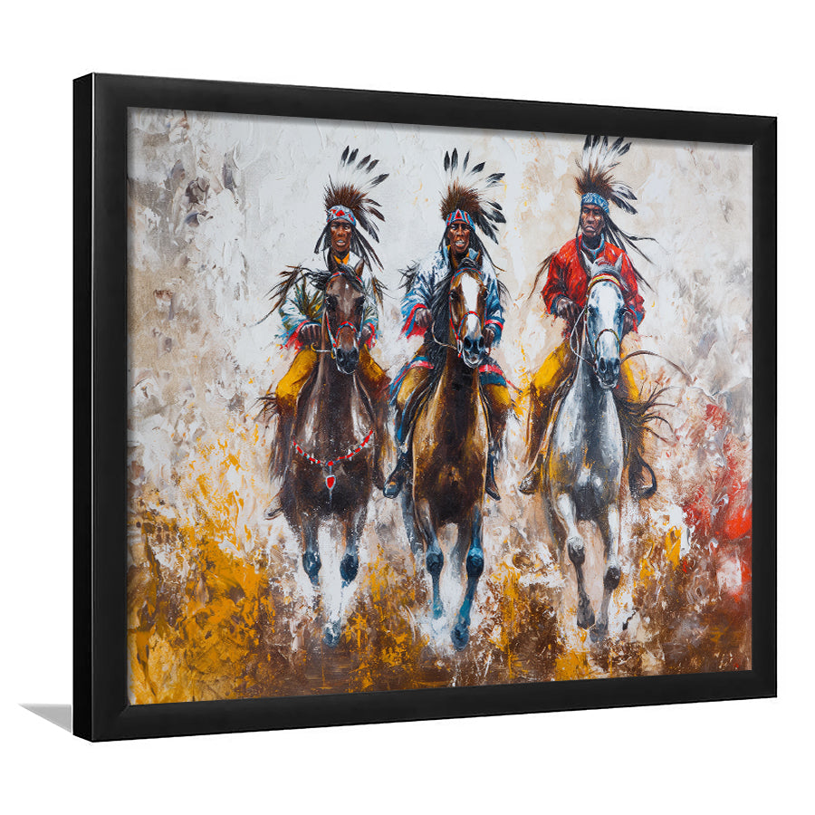 Native American African Man Riding Horses Oil Painting, Framed Art Print Wall Decor, Picture Framed Painting Art
