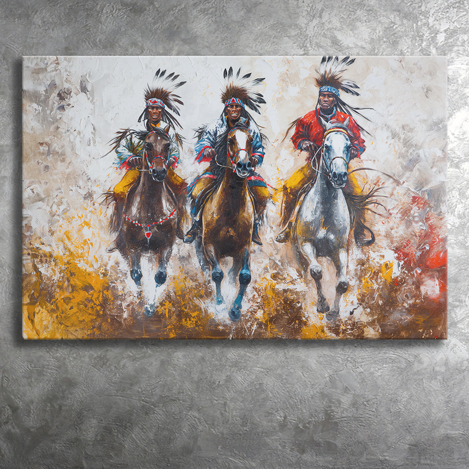 Native American African Man Riding Horses Oil Painting, Canvas Print Wall Art Home Decor, Painting Canvas Art Print