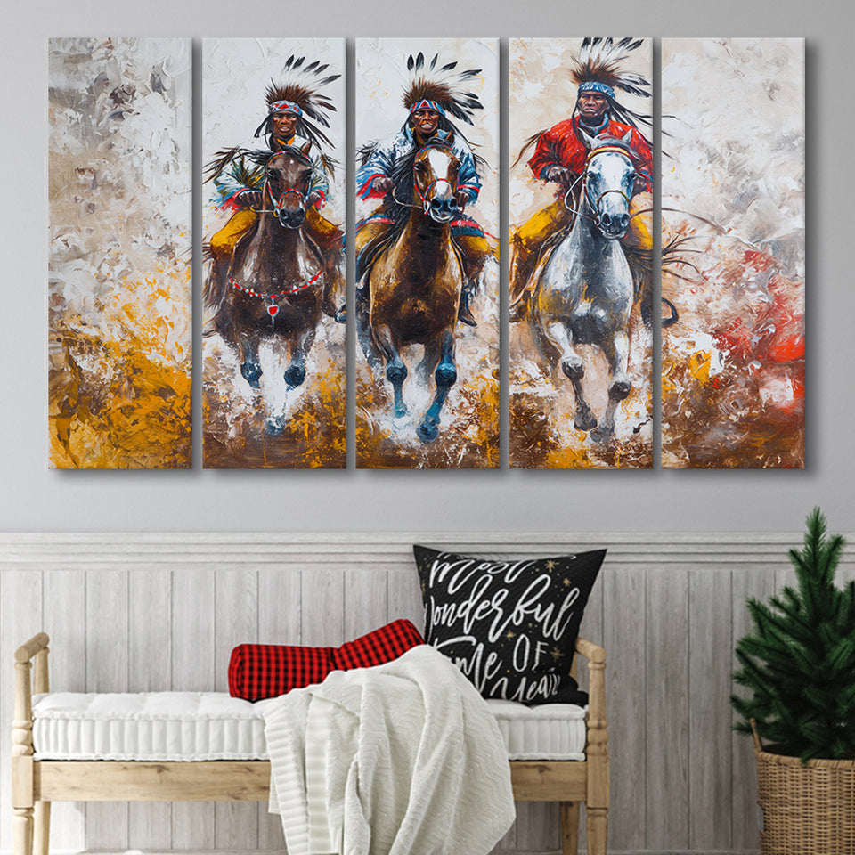 Native American African Man Riding Horses Oil Painting, Mixed 5 Panel B Canvas Print Wall Art Decor, Extra Large Canvas