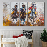 Native American African Man Riding Horses Oil Painting, Mixed 5 Panel B Canvas Print Wall Art Decor, Extra Large Canvas
