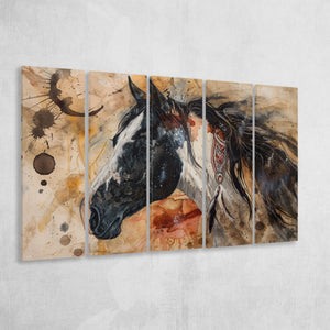 Native American Horse Painting, Mixed 5 Panel B Canvas Print Wall Art Decor, Extra Large Painting Canvas