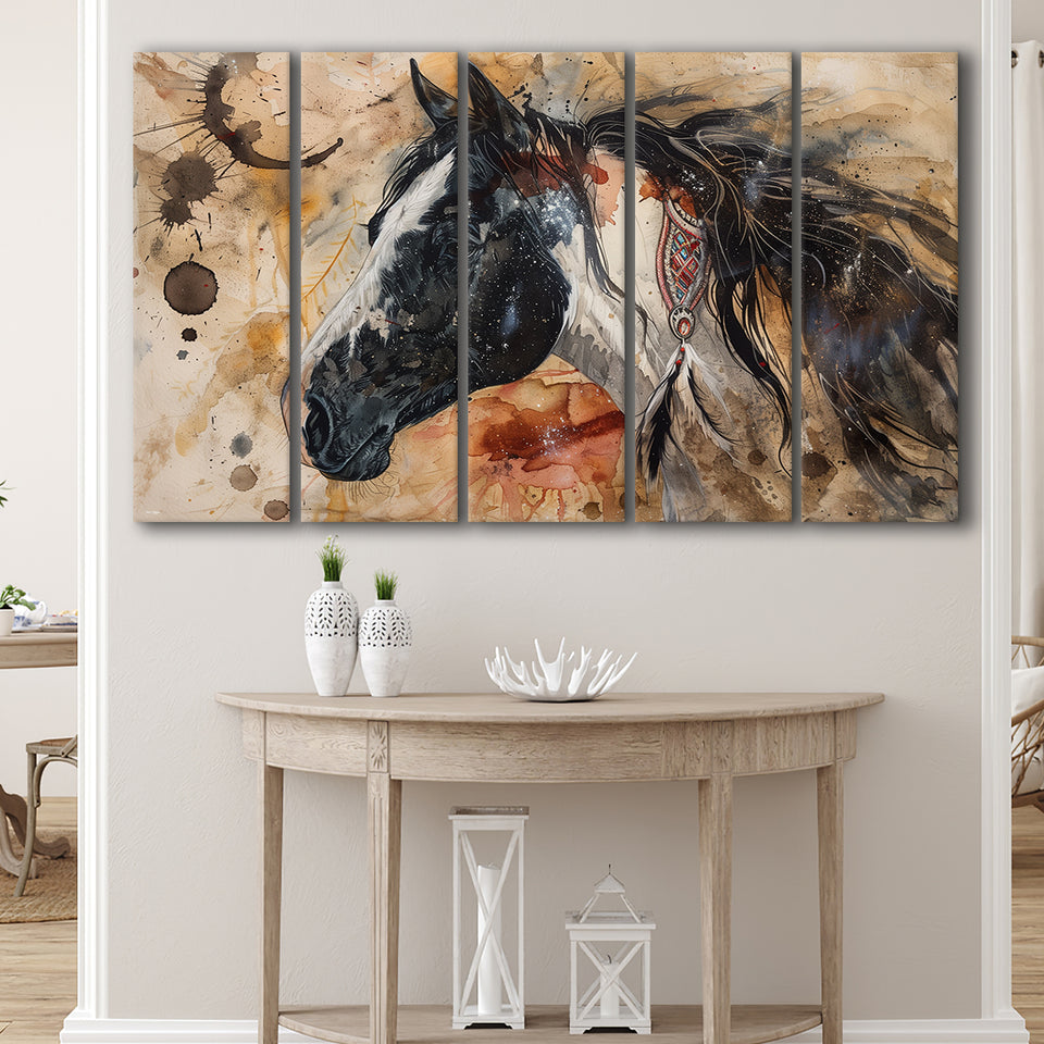 Native American Horse Painting, Mixed 5 Panel B Canvas Print Wall Art Decor, Extra Large Painting Canvas