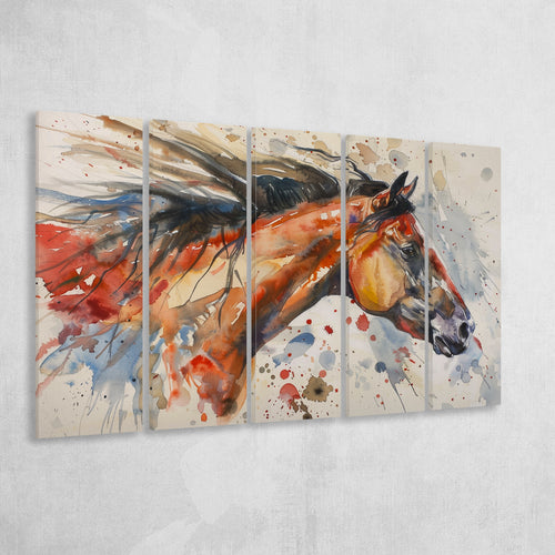 Native American Horse Portrait Painting, Mixed 5 Panel B Canvas Print Wall Art Decor, Extra Large Painting Canvas