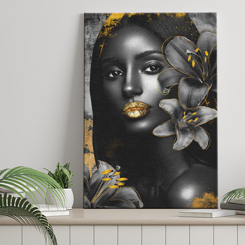 Natural Beauty Woman African With Black Golden Flower, Canvas Prints Wall Art Decor, Painting Canvas