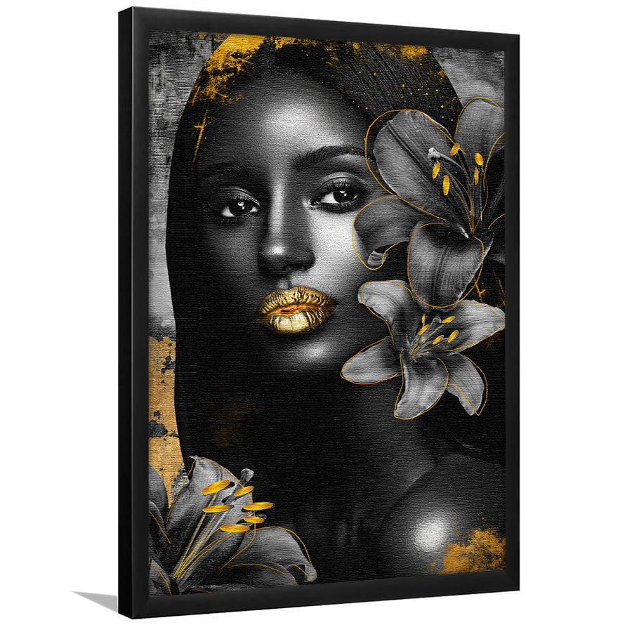 Natural Beauty Woman African With Black Golden Flower, Framed Art Prints Wall Art Decor, Framed Picture Print
