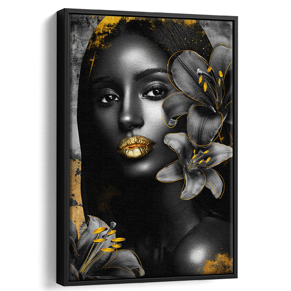 Natural Beauty Woman African With Black Golden Flower, Framed Canvas Prints Wall Art Decor, Floating Frame