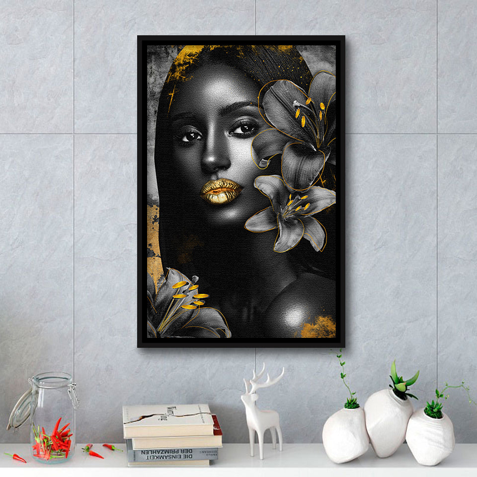 Natural Beauty Woman African With Black Golden Flower, Framed Canvas Prints Wall Art Decor, Floating Frame