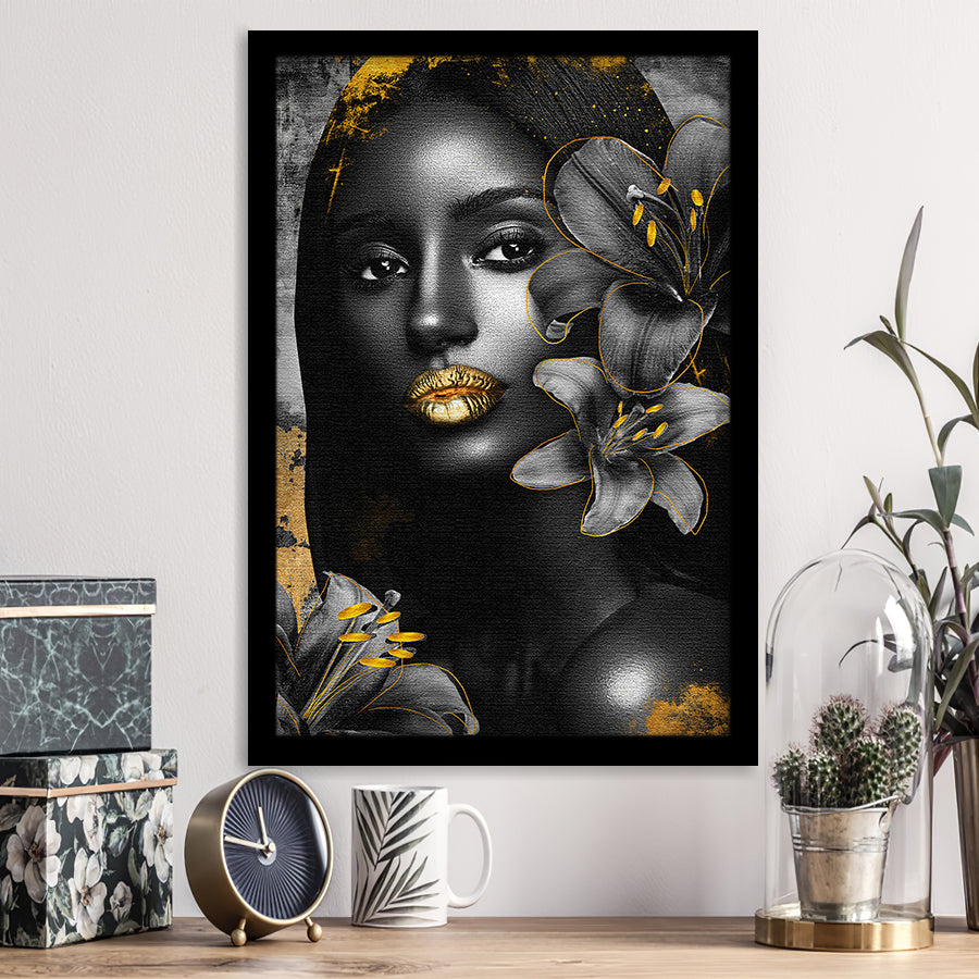 Natural Beauty Woman African With Black Golden Flower, Framed Art Prints Wall Art Decor, Framed Picture Print