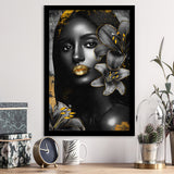 Natural Beauty Woman African With Black Golden Flower, Framed Art Prints Wall Art Decor, Framed Picture Print