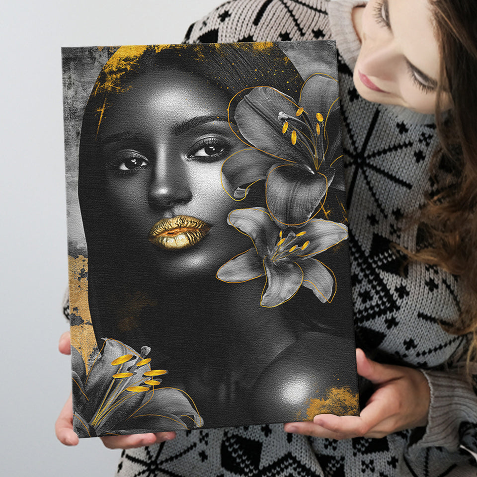 Natural Beauty Woman African With Black Golden Flower, Canvas Prints Wall Art Decor, Painting Canvas