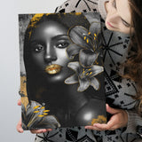 Natural Beauty Woman African With Black Golden Flower, Canvas Prints Wall Art Decor, Painting Canvas