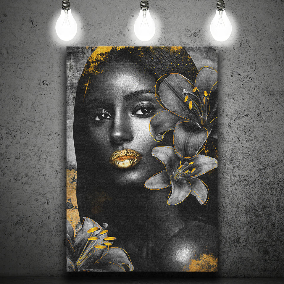 Natural Beauty Woman African With Black Golden Flower, Canvas Prints Wall Art Decor, Painting Canvas