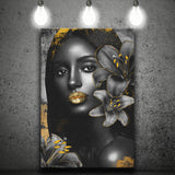 Natural Beauty Woman African With Black Golden Flower, Canvas Prints Wall Art Decor, Painting Canvas