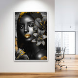 Natural Beauty Woman African With Black Golden Flower, Framed Canvas Prints Wall Art Decor, Floating Frame
