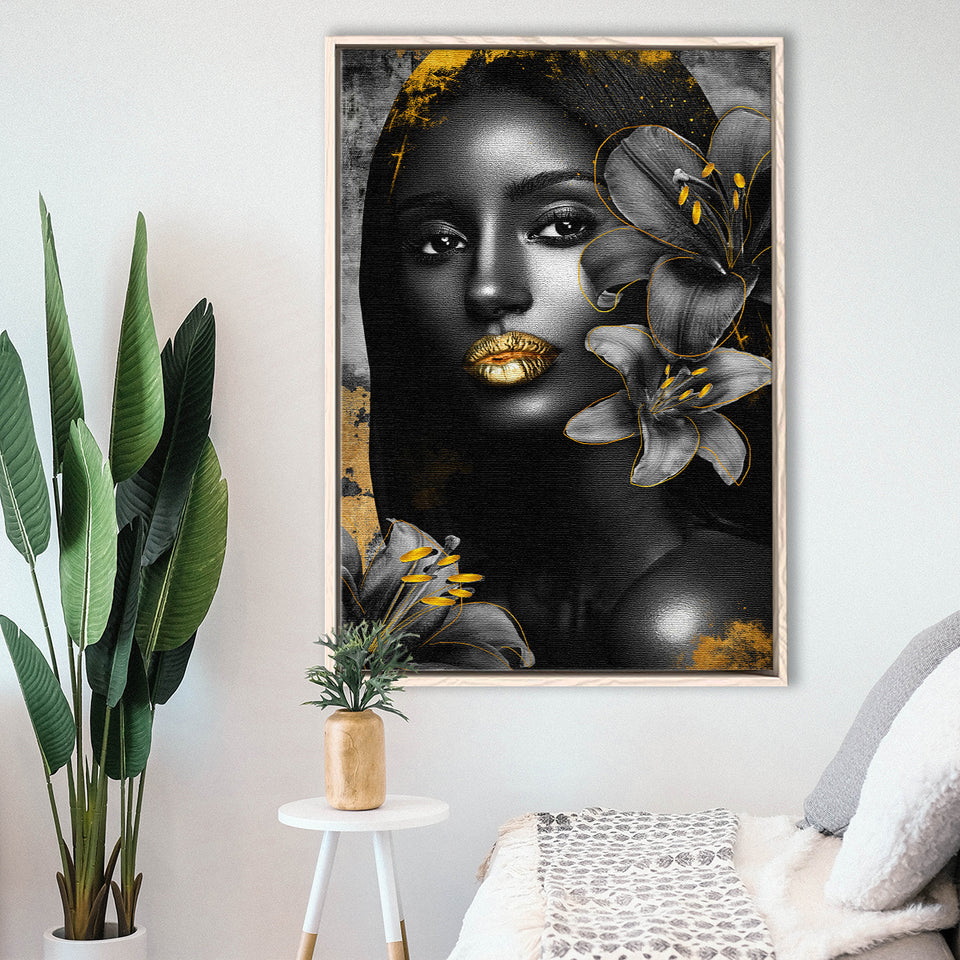 Natural Beauty Woman African With Black Golden Flower, Framed Canvas Prints Wall Art Decor, Floating Frame