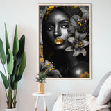 Natural Beauty Woman African With Black Golden Flower, Framed Canvas Prints Wall Art Decor, Floating Frame