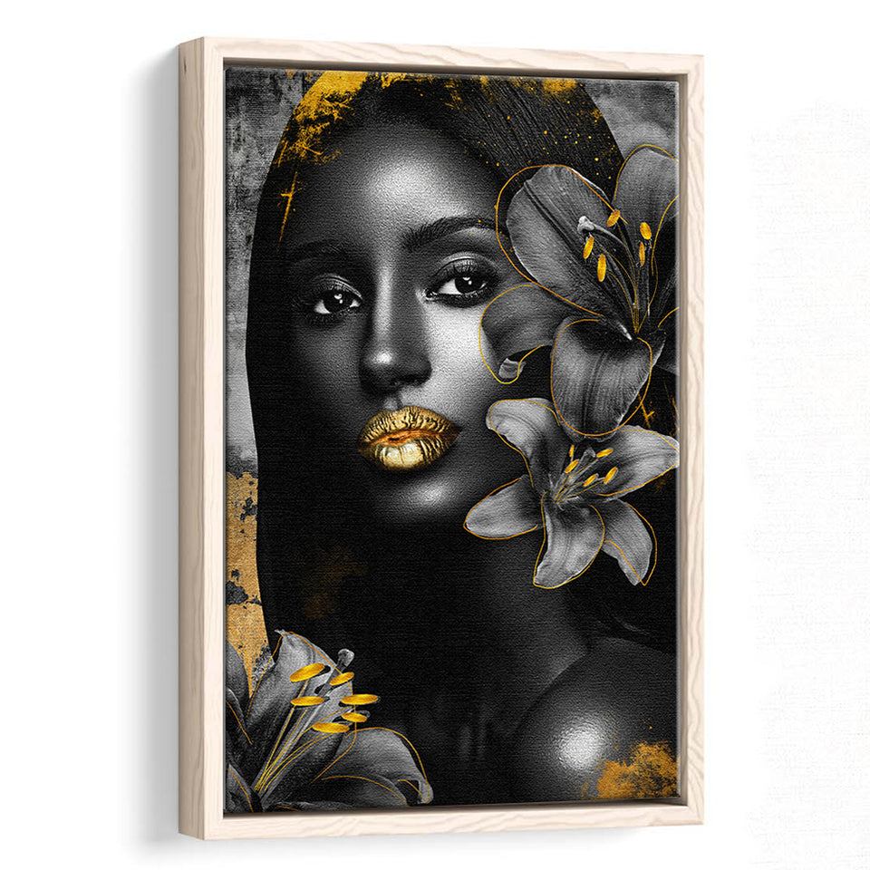 Natural Beauty Woman African With Black Golden Flower, Framed Canvas Prints Wall Art Decor, Floating Frame