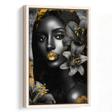 Natural Beauty Woman African With Black Golden Flower, Framed Canvas Prints Wall Art Decor, Floating Frame
