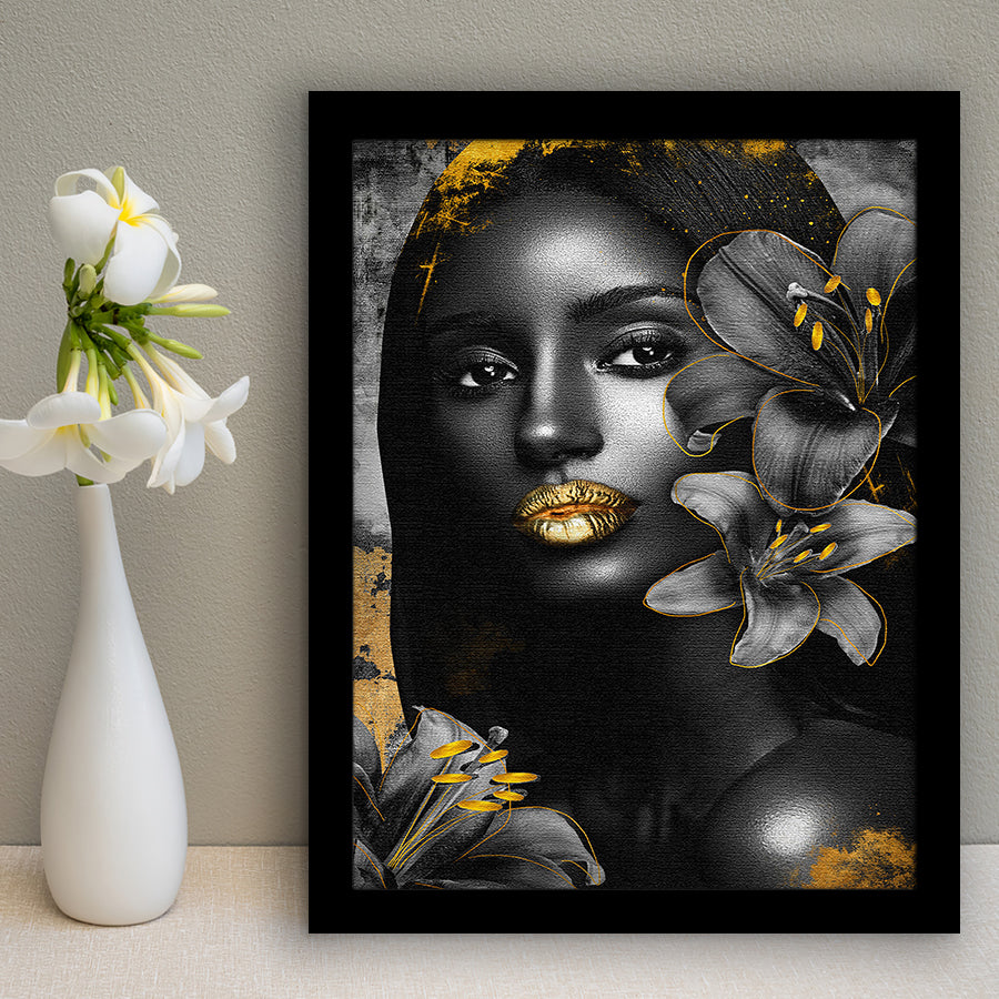 Natural Beauty Woman African With Black Golden Flower, Framed Art Prints Wall Art Decor, Framed Picture Print