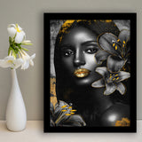 Natural Beauty Woman African With Black Golden Flower, Framed Art Prints Wall Art Decor, Framed Picture Print