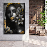 Natural Beauty Woman African With Black Golden Flower, Framed Canvas Prints Wall Art Decor, Floating Frame