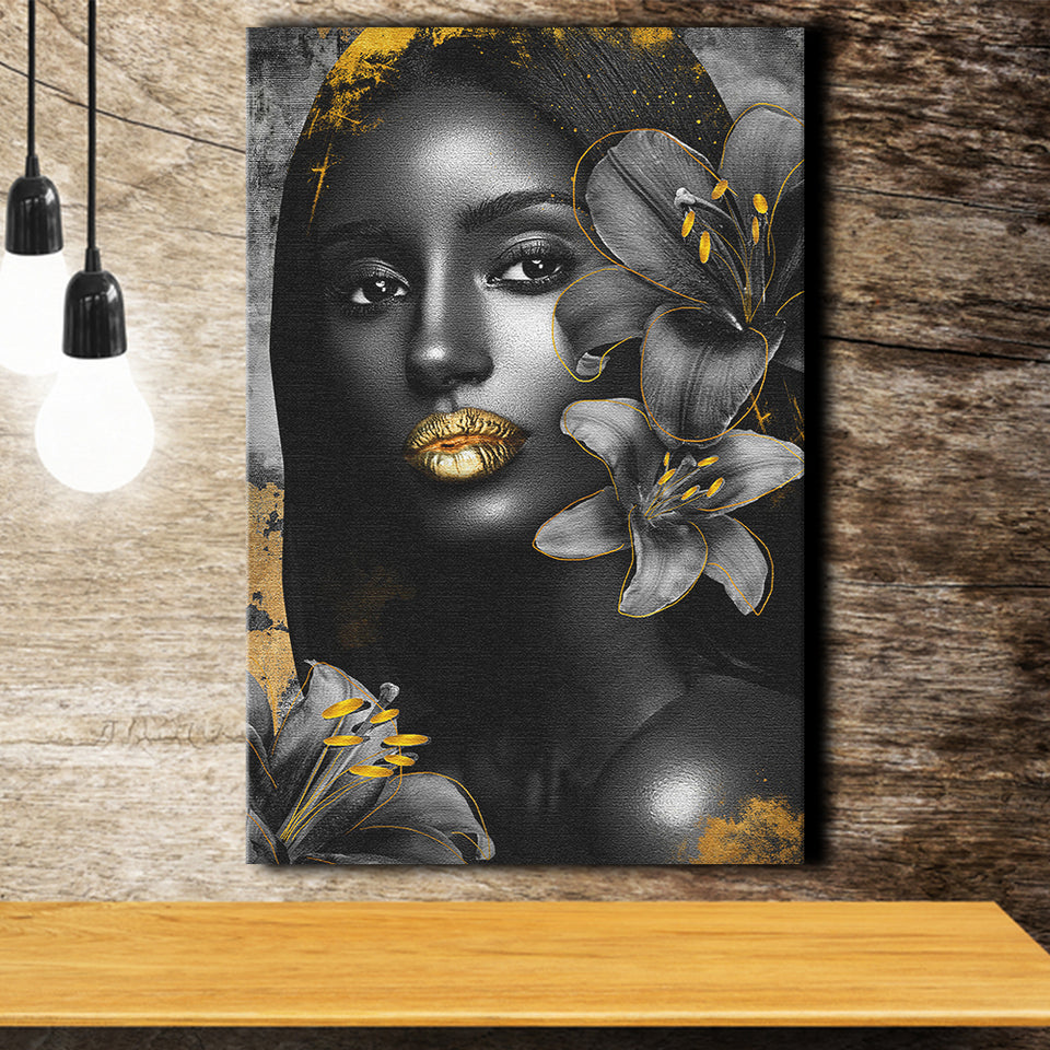 Natural Beauty Woman African With Black Golden Flower, Canvas Prints Wall Art Decor, Painting Canvas