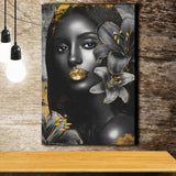 Natural Beauty Woman African With Black Golden Flower, Canvas Prints Wall Art Decor, Painting Canvas