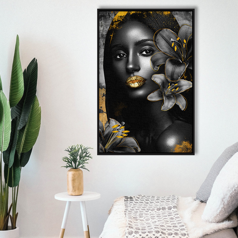 Natural Beauty Woman African With Black Golden Flower, Framed Canvas Prints Wall Art Decor, Floating Frame