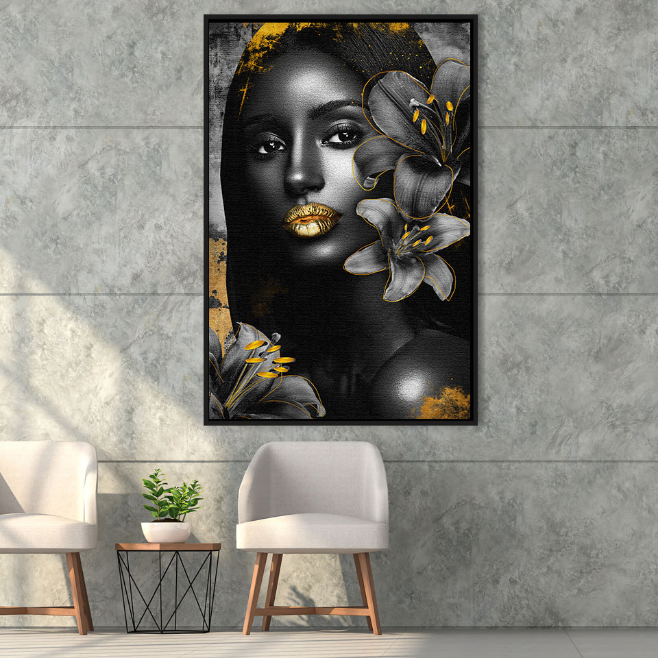 Natural Beauty Woman African With Black Golden Flower, Framed Canvas Prints Wall Art Decor, Floating Frame