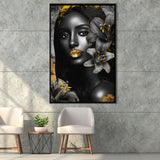 Natural Beauty Woman African With Black Golden Flower, Framed Canvas Prints Wall Art Decor, Floating Frame