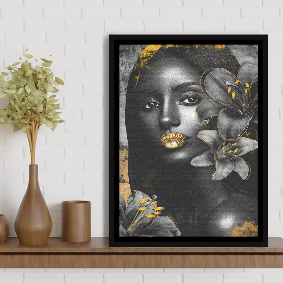 Natural Beauty Woman African With Black Golden Flower, Framed Canvas Prints Wall Art Decor, Floating Frame