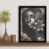 Natural Beauty Woman African With Black Golden Flower, Framed Canvas Prints Wall Art Decor, Floating Frame