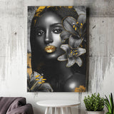 Natural Beauty Woman African With Black Golden Flower, Canvas Prints Wall Art Decor, Painting Canvas
