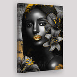 Natural Beauty Woman African With Black Golden Flower, Canvas Prints Wall Art Decor, Painting Canvas