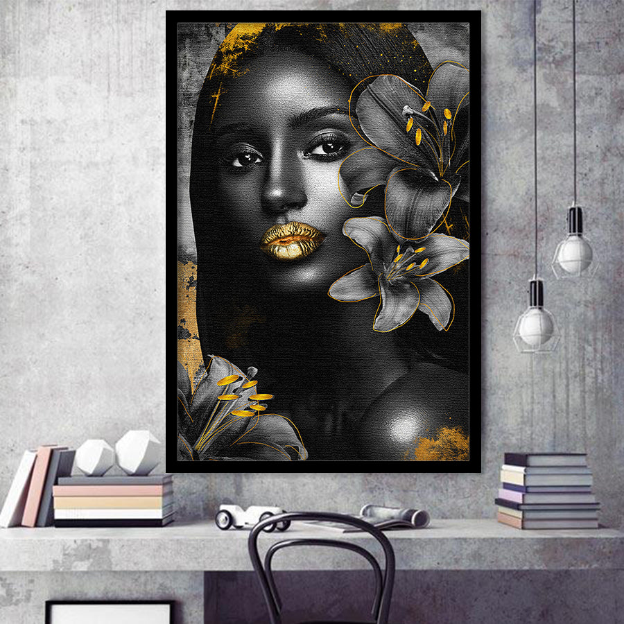 Natural Beauty Woman African With Black Golden Flower, Framed Art Prints Wall Art Decor, Framed Picture Print