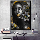 Natural Beauty Woman African With Black Golden Flower, Framed Art Prints Wall Art Decor, Framed Picture Print