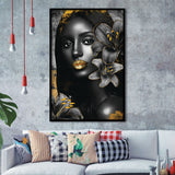 Natural Beauty Woman African With Black Golden Flower, Framed Art Prints Wall Art Decor, Framed Picture Print