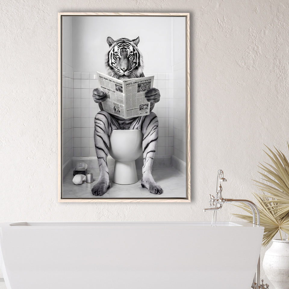 Tiger Framed Canvas Prints Wall Art, Funny Bathroom Decor, Tiger In Toilet
