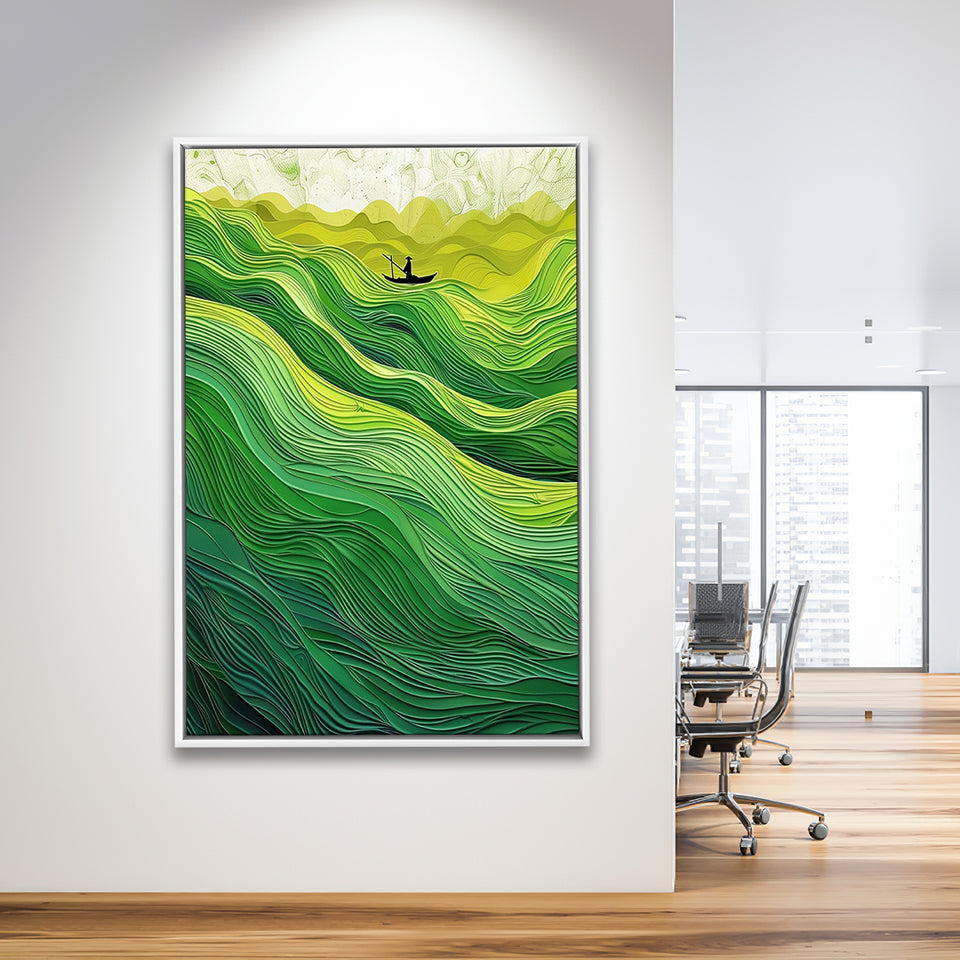 Nautical Green Ocean Art, Emerald Sea Abstract Waves Print,Tranquil Waters Wall Decor, Framed Canvas Print, Floating Frame