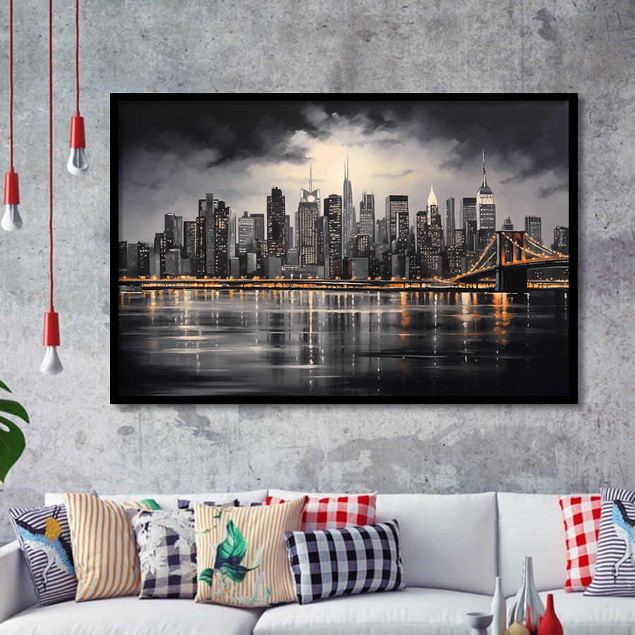 New York Skyline Acrylic Painting Black And White V1, Framed Art Print Wall Decor, Framed Picture
