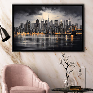 New York Skyline Acrylic Painting Black And White V1, Framed Canvas Painting, Framed Canvas Prints Wall Art Decor