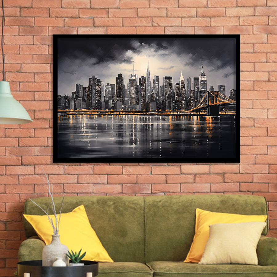 New York Skyline Acrylic Painting Black And White V1, Framed Art Print Wall Decor, Framed Picture