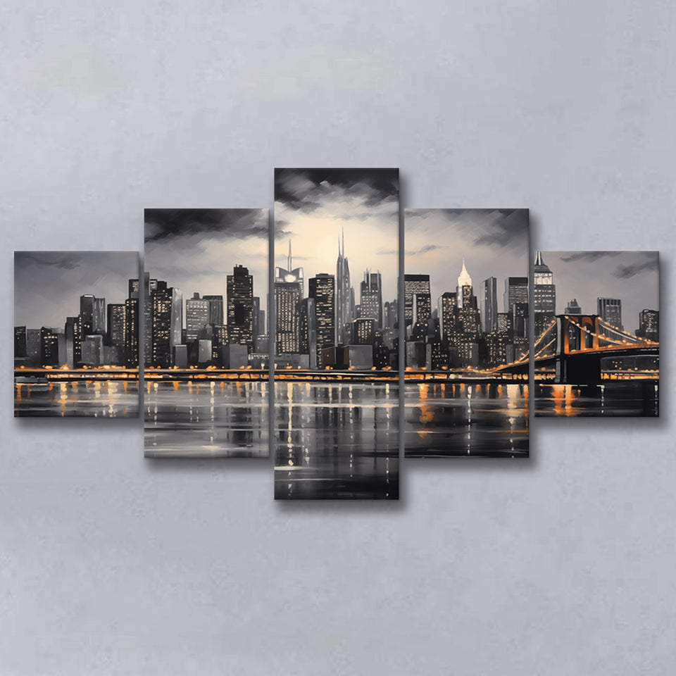 New York Skyline Acrylic Painting Black And White V1, 5 Panels Mixed Large Canvas, Canvas Prints Wall Art Decor