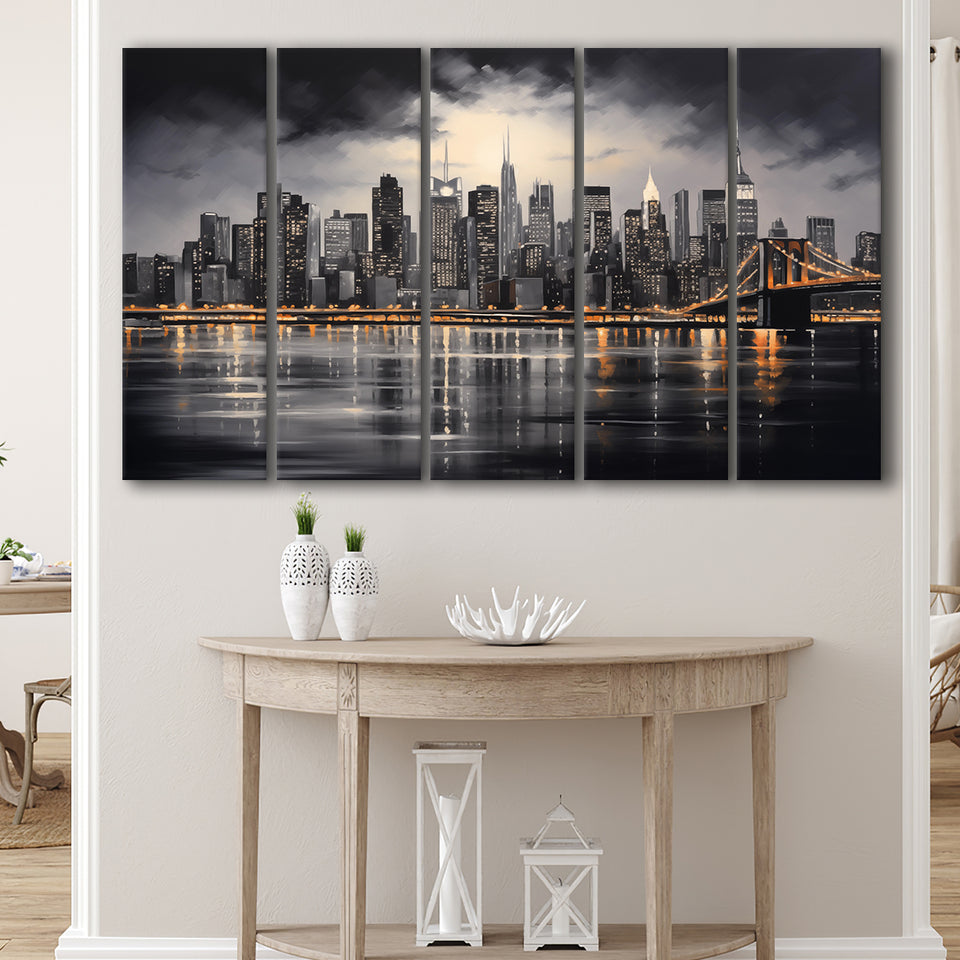 New York Skyline Acrylic Painting Black And White V1, 5 Panels Extra Large Canvas, Canvas Prints Wall Art Decor