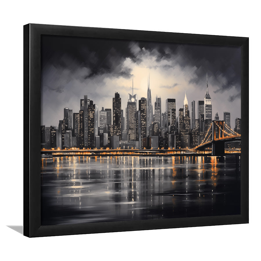 New York Skyline Acrylic Painting Black And White V1, Framed Art Print Wall Decor, Framed Picture