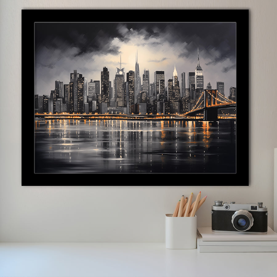 New York Skyline Acrylic Painting Black And White V1, Framed Art Print Wall Decor, Framed Picture