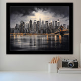 New York Skyline Acrylic Painting Black And White V1, Framed Art Print Wall Decor, Framed Picture