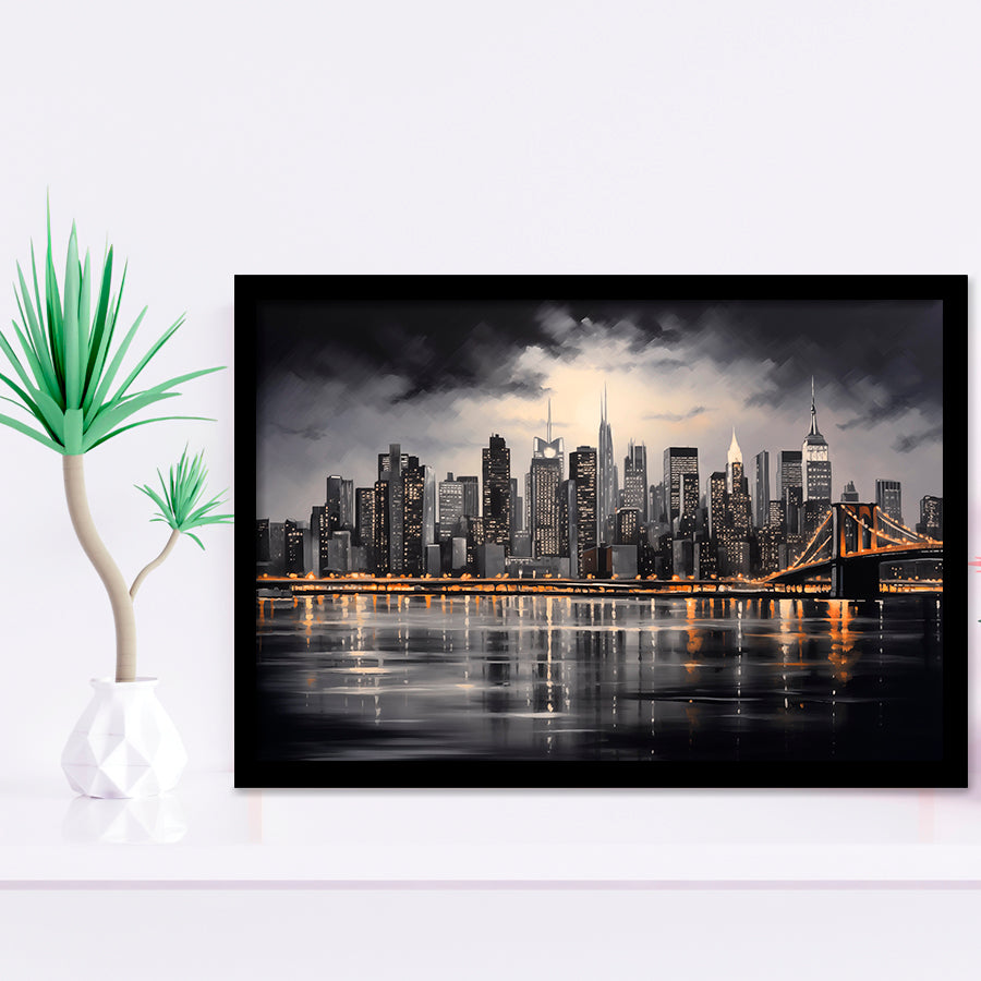 New York Skyline Acrylic Painting Black And White V1, Framed Art Print Wall Decor, Framed Picture